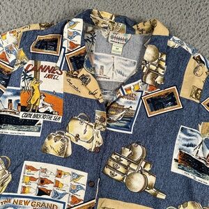 Reyn Spooner Hawaiian Camp Shirt Mens M Hawaiian‎ Travel Postcard Loop Collar